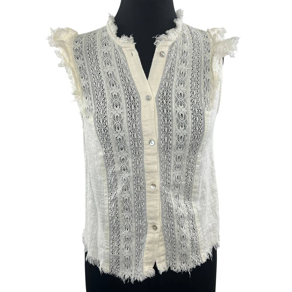 ZARA White Lace Woven Knit Frayed Hem Edges Button-Up Sleeveless Top Tank XS